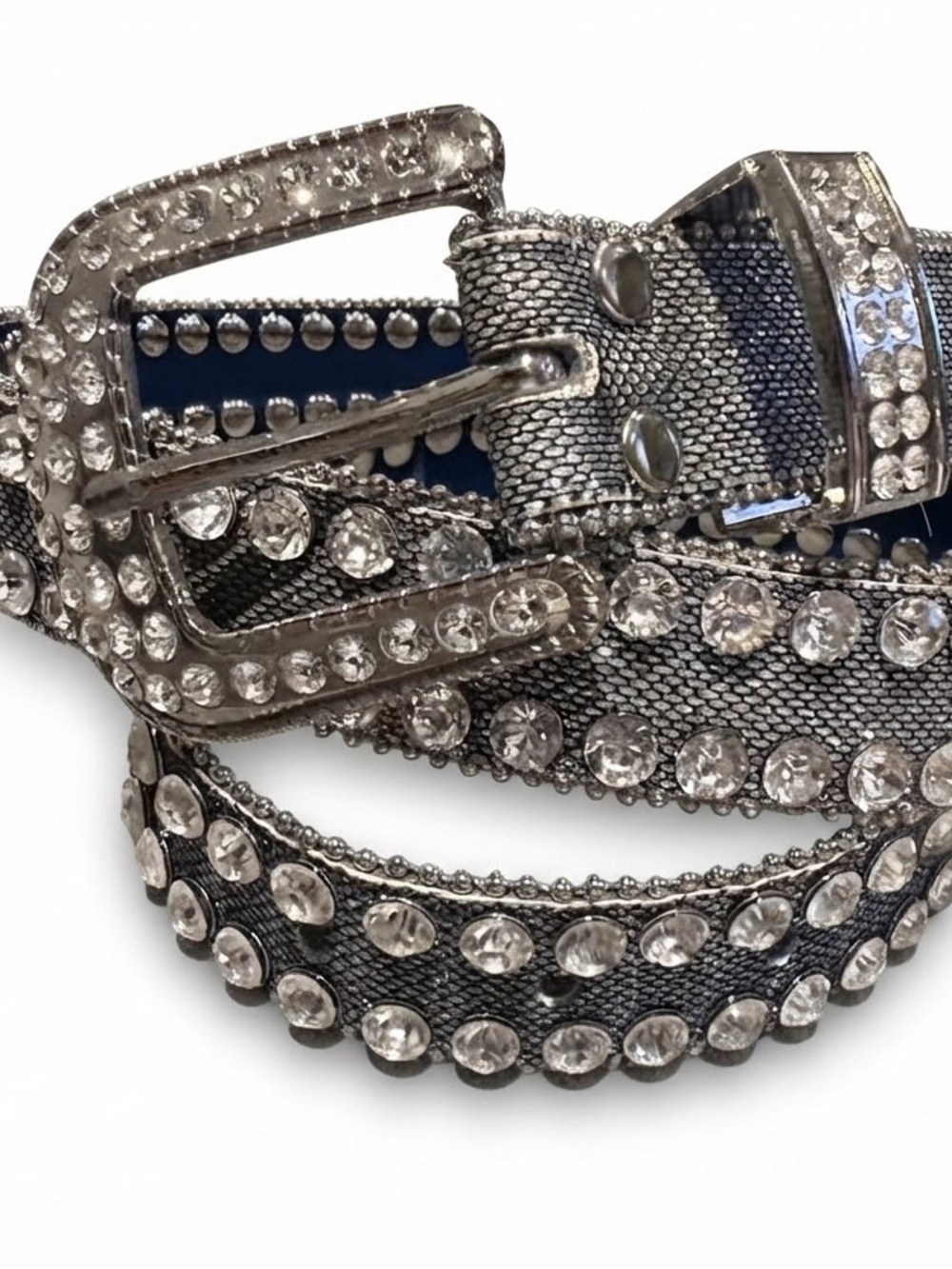 Y2K Metallic Silver Rhinestone Bling Western Buckle Statement Belt